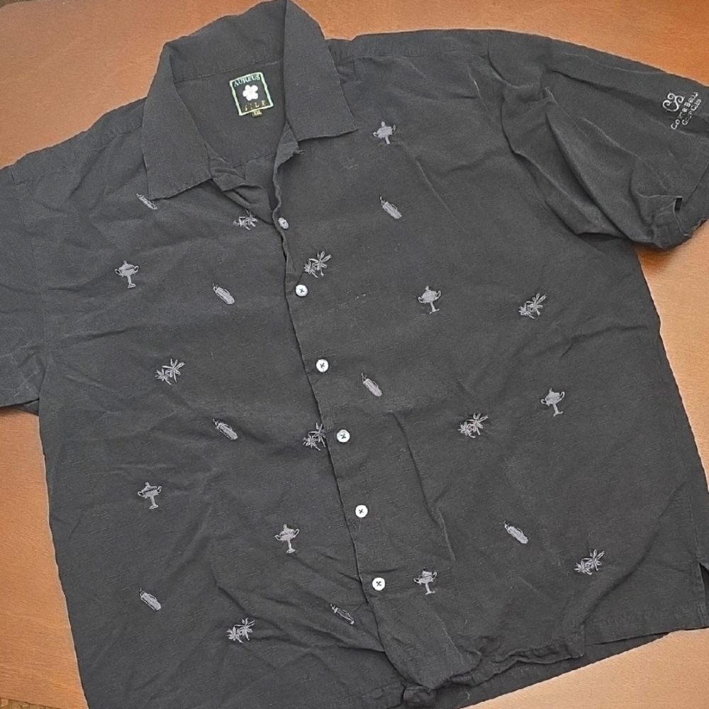 AUREUS Black Embroidered Men's Shirt Silk‎ Sz xxl